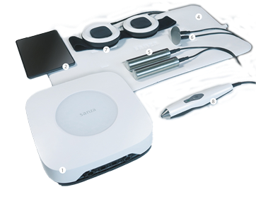 Sanza-Geräteset mit Steuergerät, Matte, Applikatoren und Zubehör neatly ausgelegt