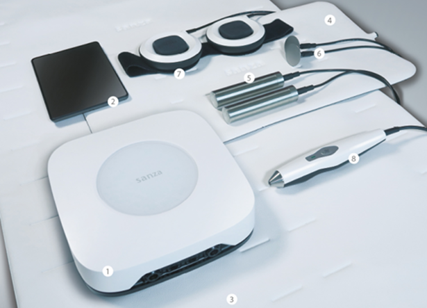 Sanza-Geräteset mit Steuergerät, Matte, Applikatoren und Zubehör ausgelegt